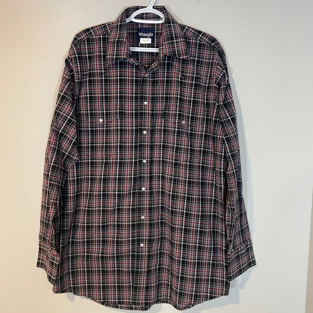 VTG Wrangler Pearl Snap Western Long Sleeve Plaid Shirt XLT Tall Mens Black Red